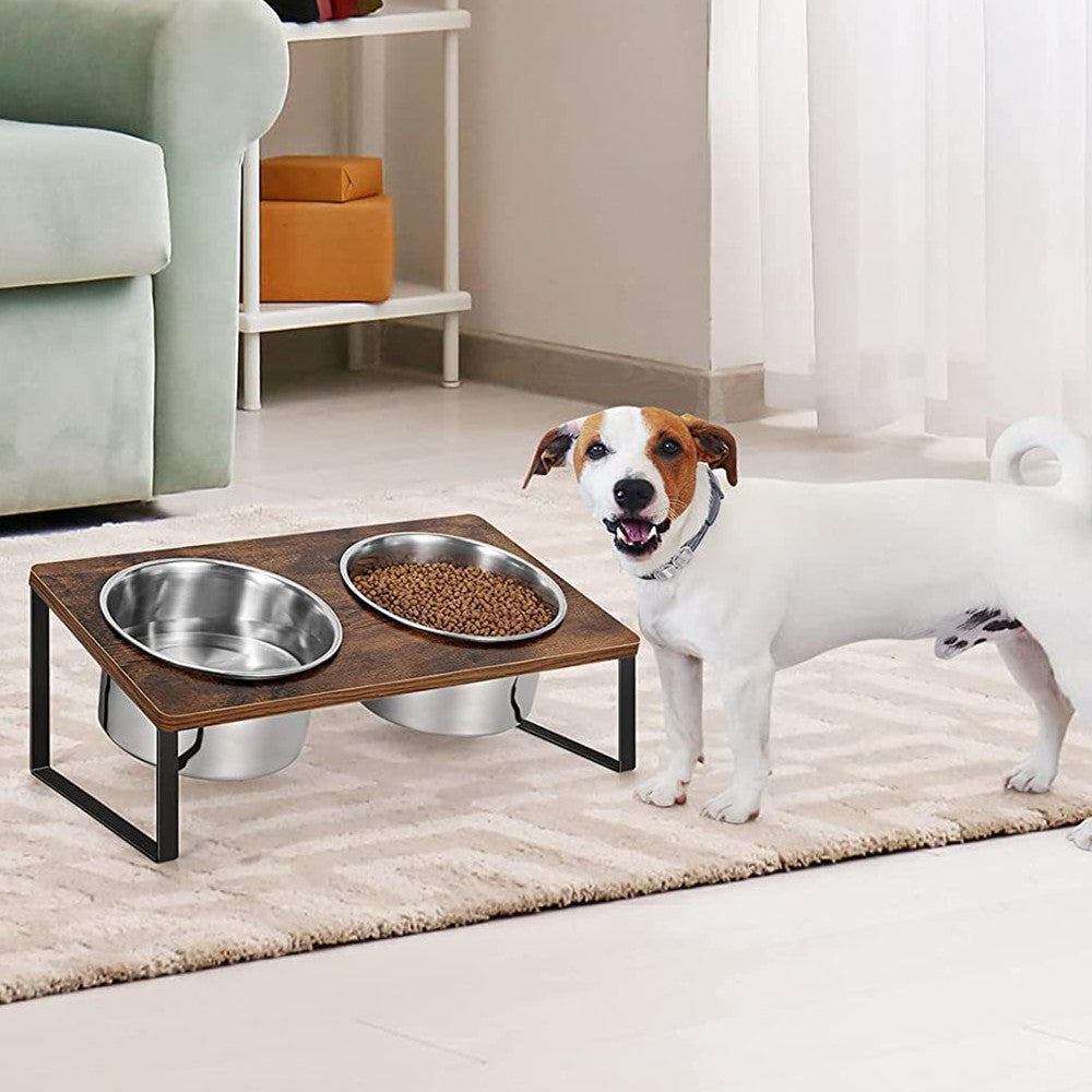 Iron And Wood Elevated Feeding Rack With Bowl For Pets