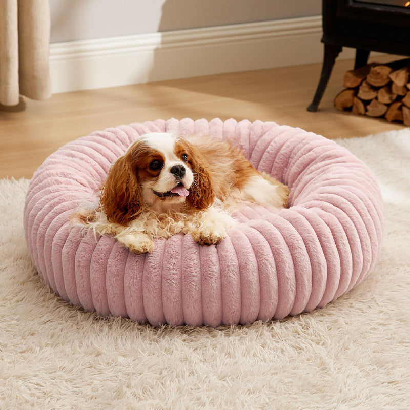 High-Density Vertical Stripe Plush Round Bed For Pets Winter Use
