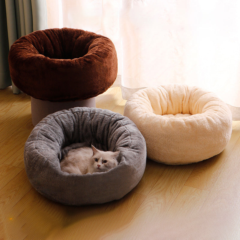Long Plush Donut Round Bed With Fluffy Cushion For Pets