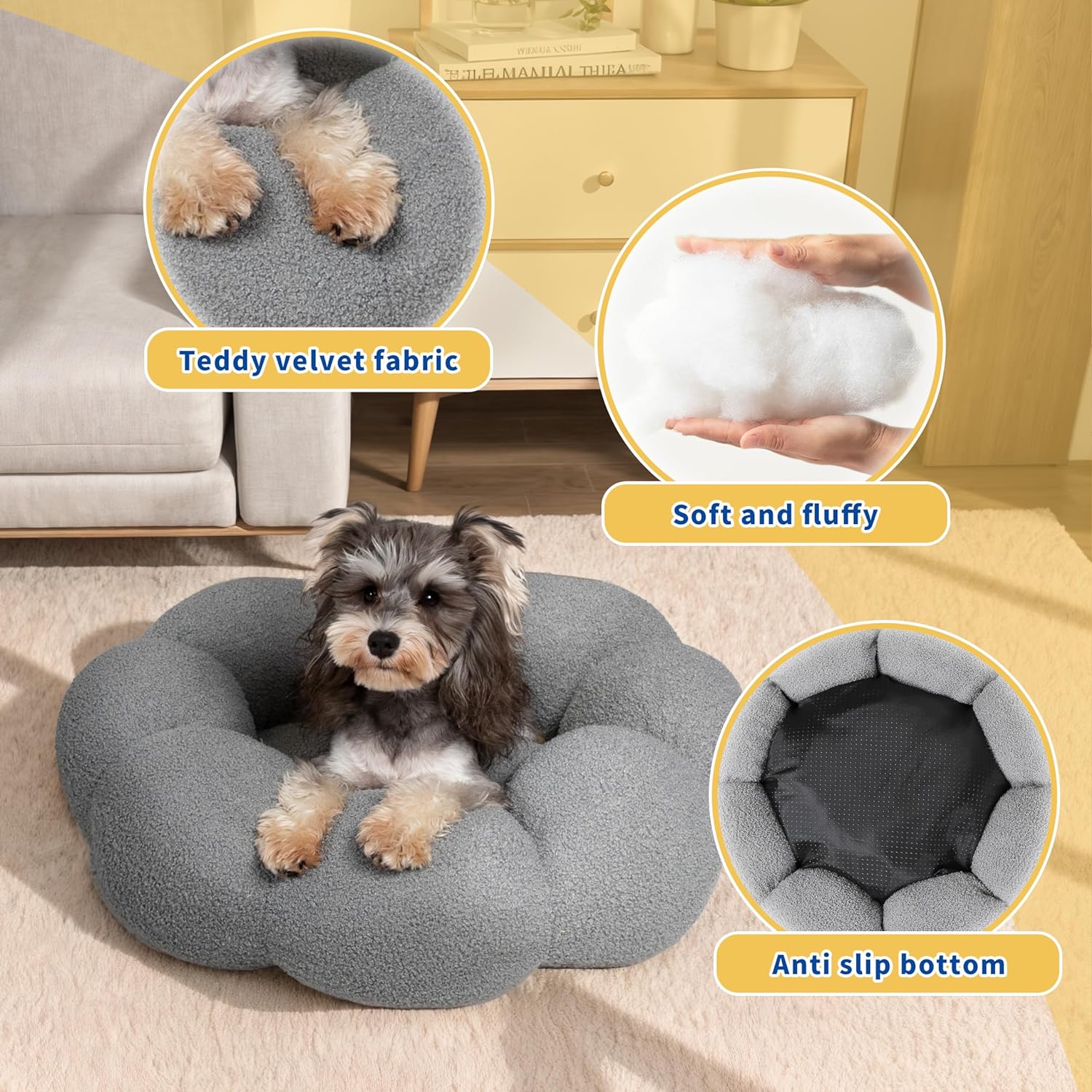 Fluffy Flower Plush Pet Bed Round Donut Calming Non-Slip Cushion