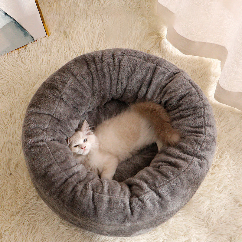 Long Plush Donut Round Bed With Fluffy Cushion For Pets