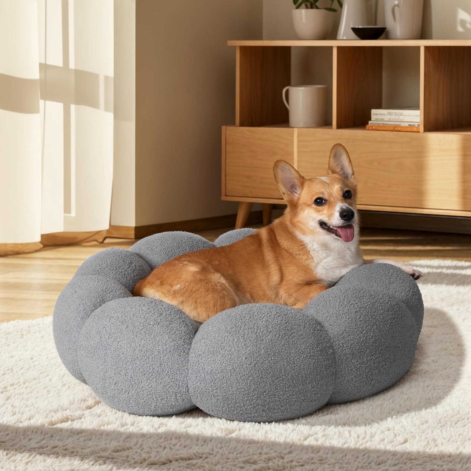 Fluffy Flower Plush Pet Bed Round Donut Calming Non-Slip Cushion