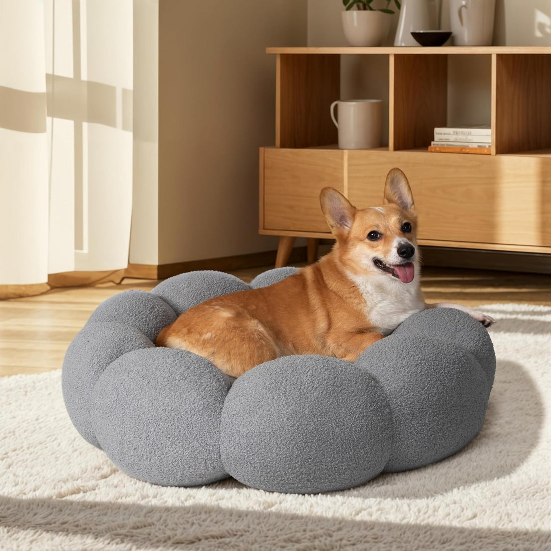 Fluffy Flower Plush Pet Bed Round Donut Calming Non-Slip Cushion
