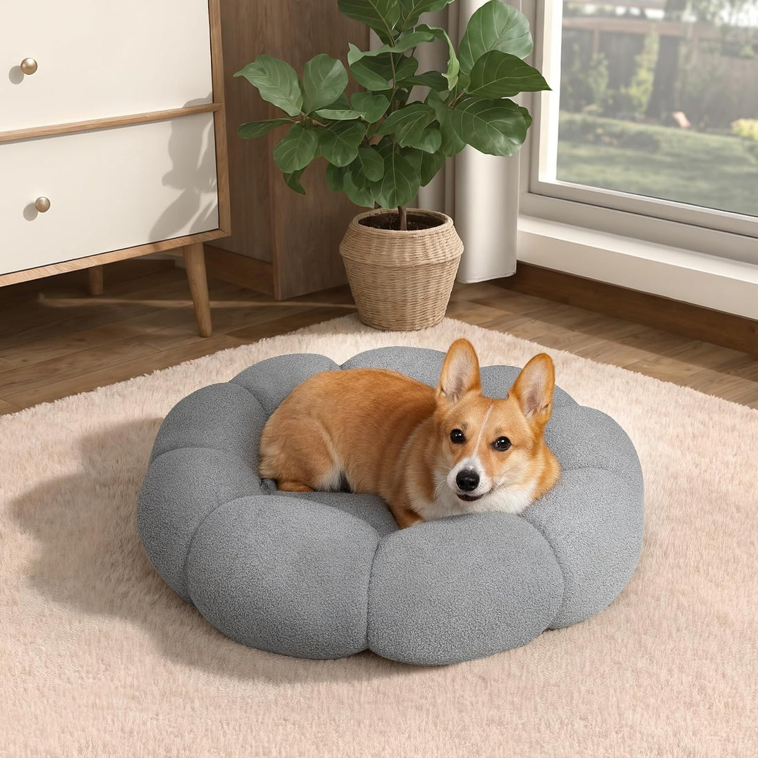 Fluffy Flower Plush Pet Bed Round Donut Calming Non-Slip Cushion