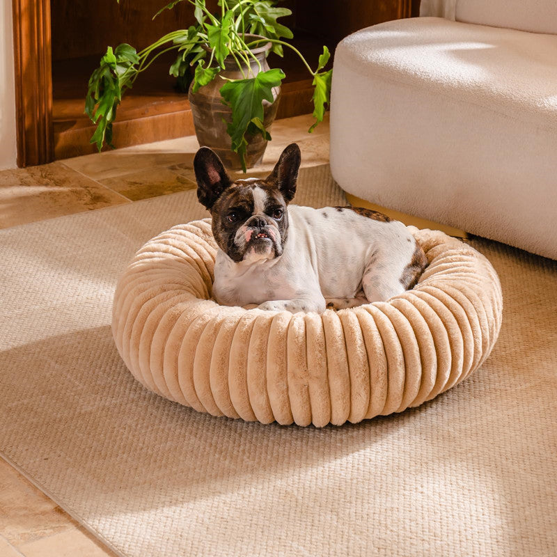 High-Density Vertical Stripe Plush Round Bed For Pets Winter Use