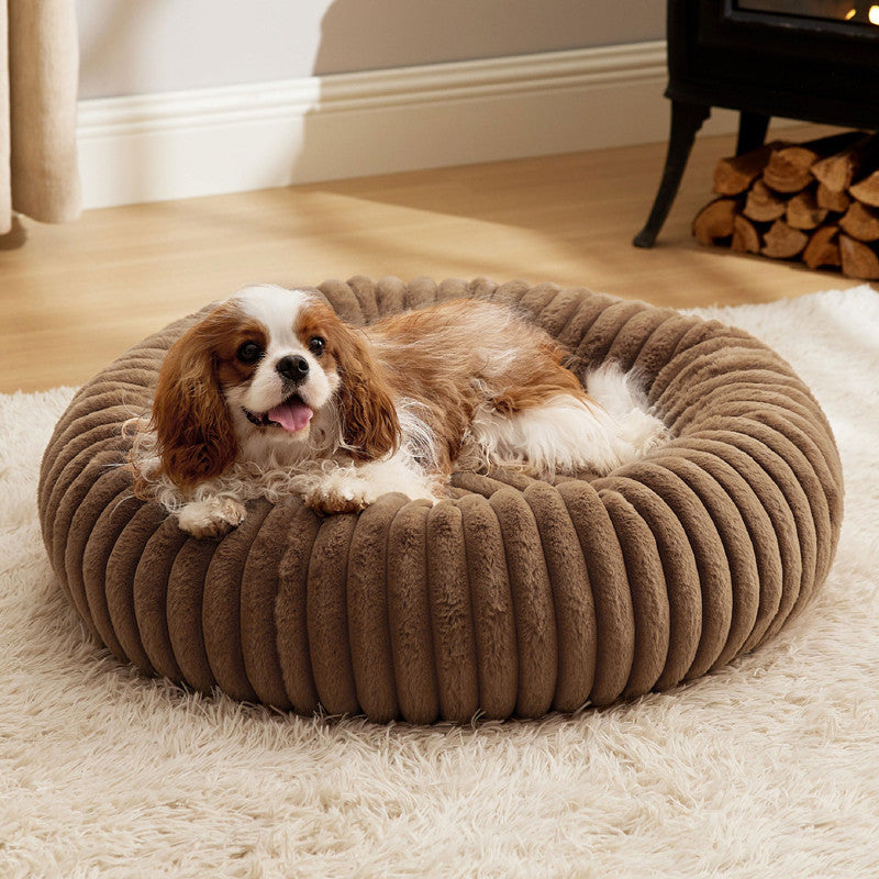 High-Density Vertical Stripe Plush Round Bed For Pets Winter Use