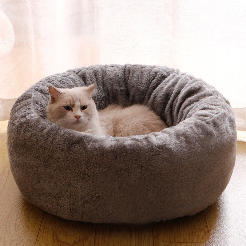 Long Plush Donut Round Bed With Fluffy Cushion For Pets