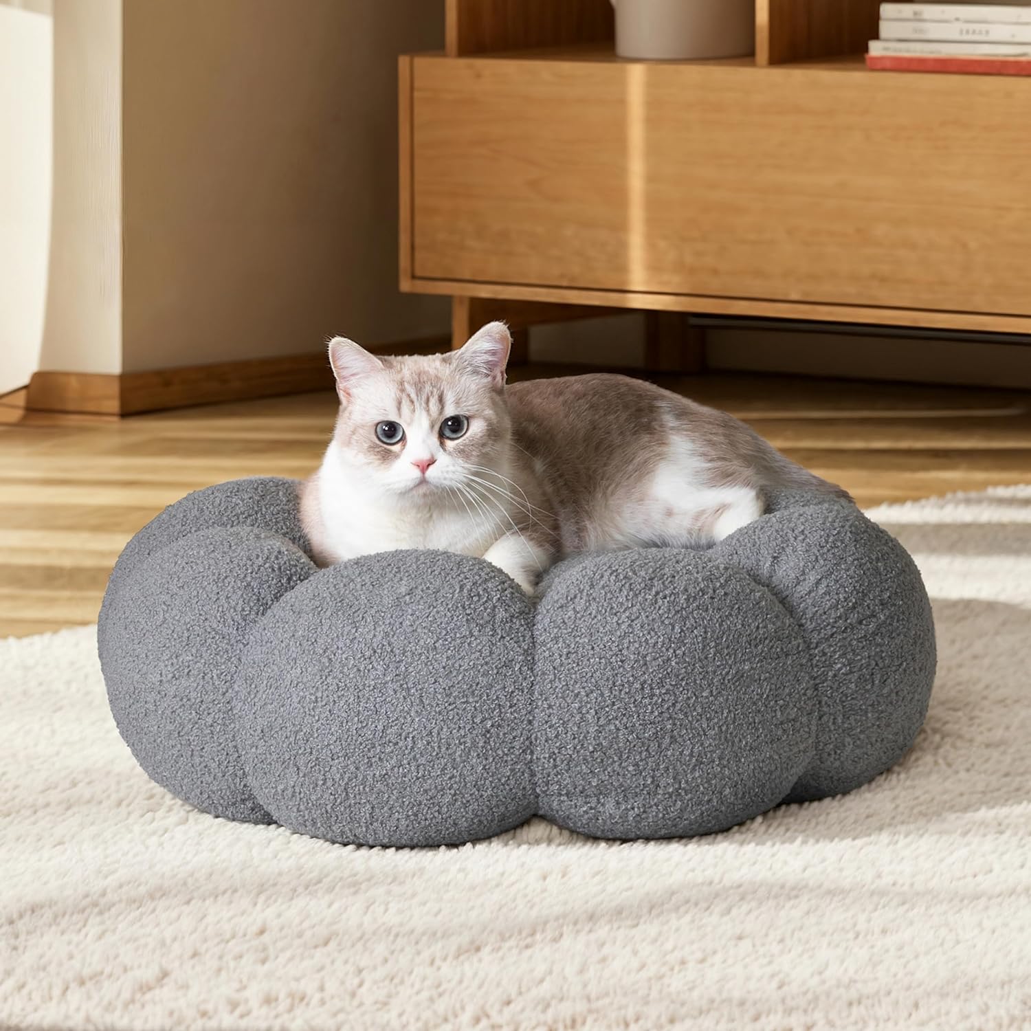 Fluffy Flower Plush Pet Bed Round Donut Calming Non-Slip Cushion