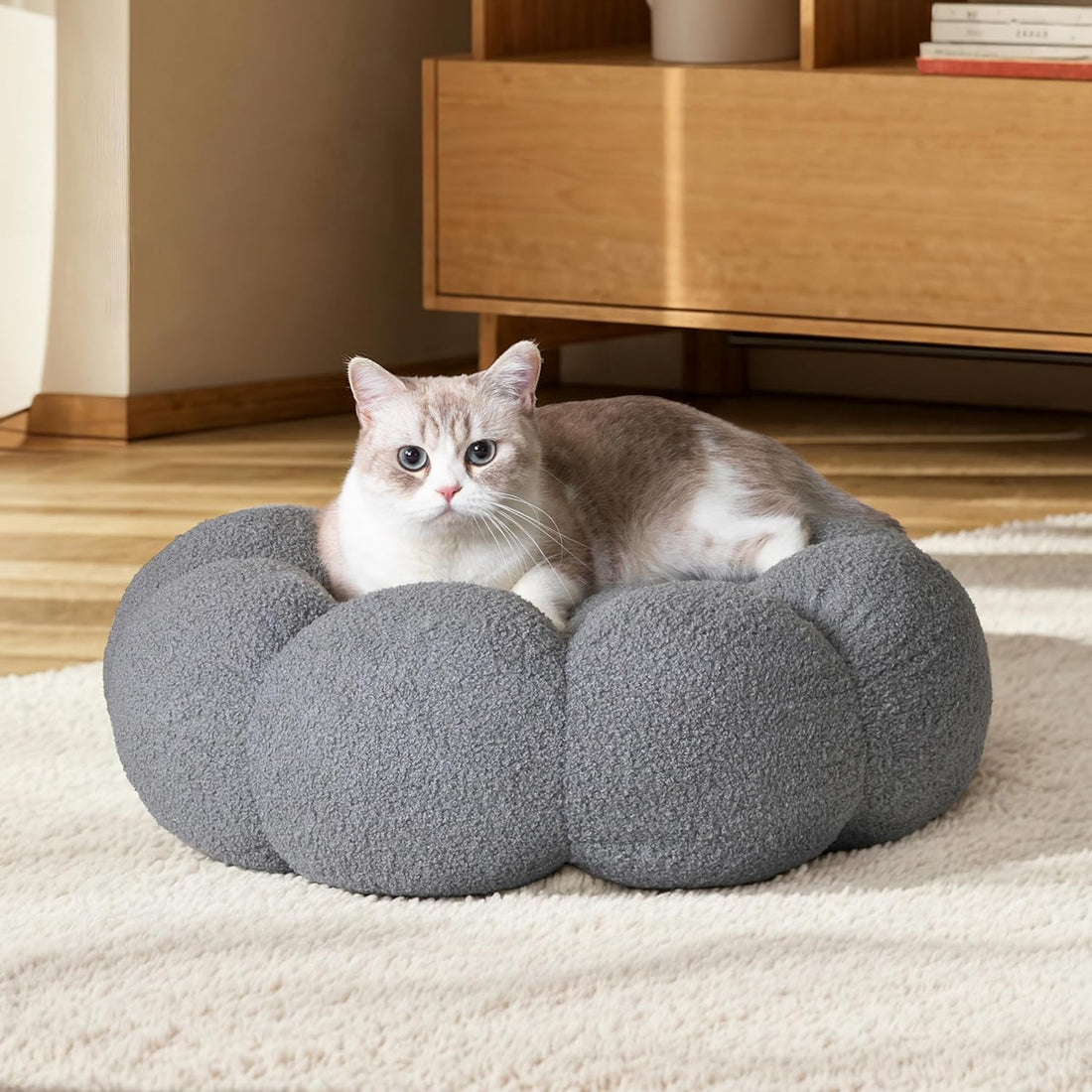 Fluffy Flower Plush Pet Bed Round Donut Calming Non-Slip Cushion